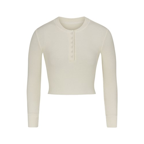 SKIMS Bavlnene Rib Long Sleeve Crop Henley Bone | ZI3697842